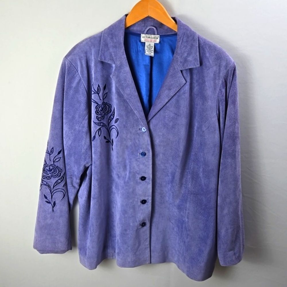 Victor Costa Occasion Womes Blue Suede Embroidered Blazer‎ Jacket Sz 1X